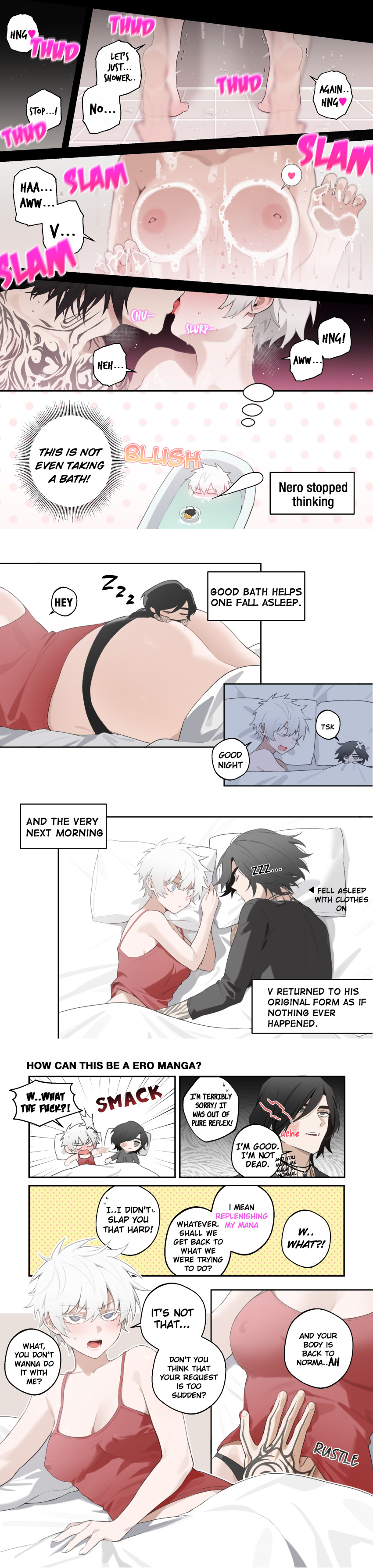 2d ass bechu blush breast_press breasts cleavage dialogue female genderbend genderswap heart kissing nero_(devil_may_cry) nipples_visible_through_clothing panties re1boy short_hair shower shower_sex showering_together spoken_heart tagme tank_top text v_(devil_may_cry) white_hair