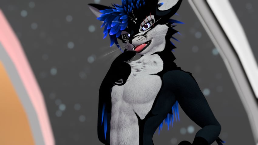 anthro anthro_only bionic_eye black_fur blue_feathers canid canine draghuvicfire eye_scar feathers fur furry furry_only jex jexouium looking_at_viewer male male_only open_mouth rexouium tagme twitter vr_media vrchat white_belly white_fur