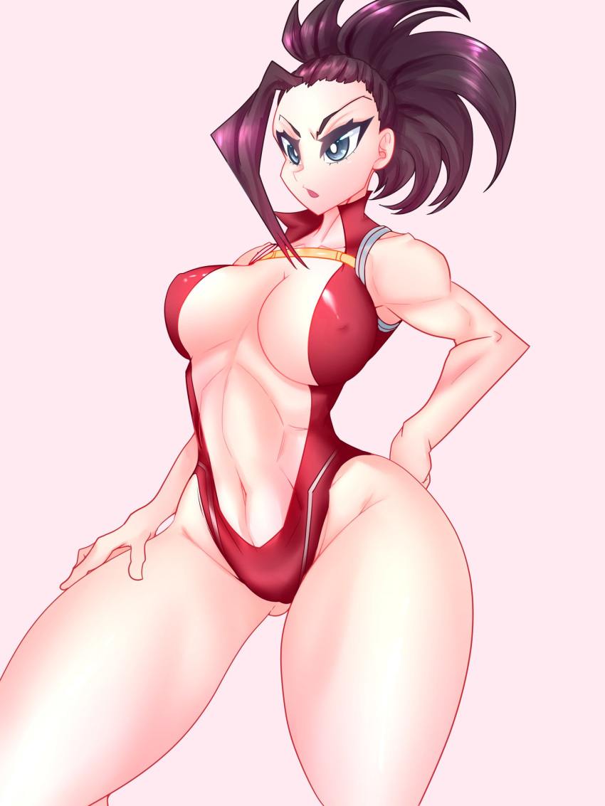 1girls 2020 big_breasts black_hair female female_only grey_eyes hand_on_hip hero_outfit_(mha) hi_res lexart_thighzzzz momo_yaoyorozu my_hero_academia nipple_bulge revealing_clothes simple_background solo solo_female thick_thighs