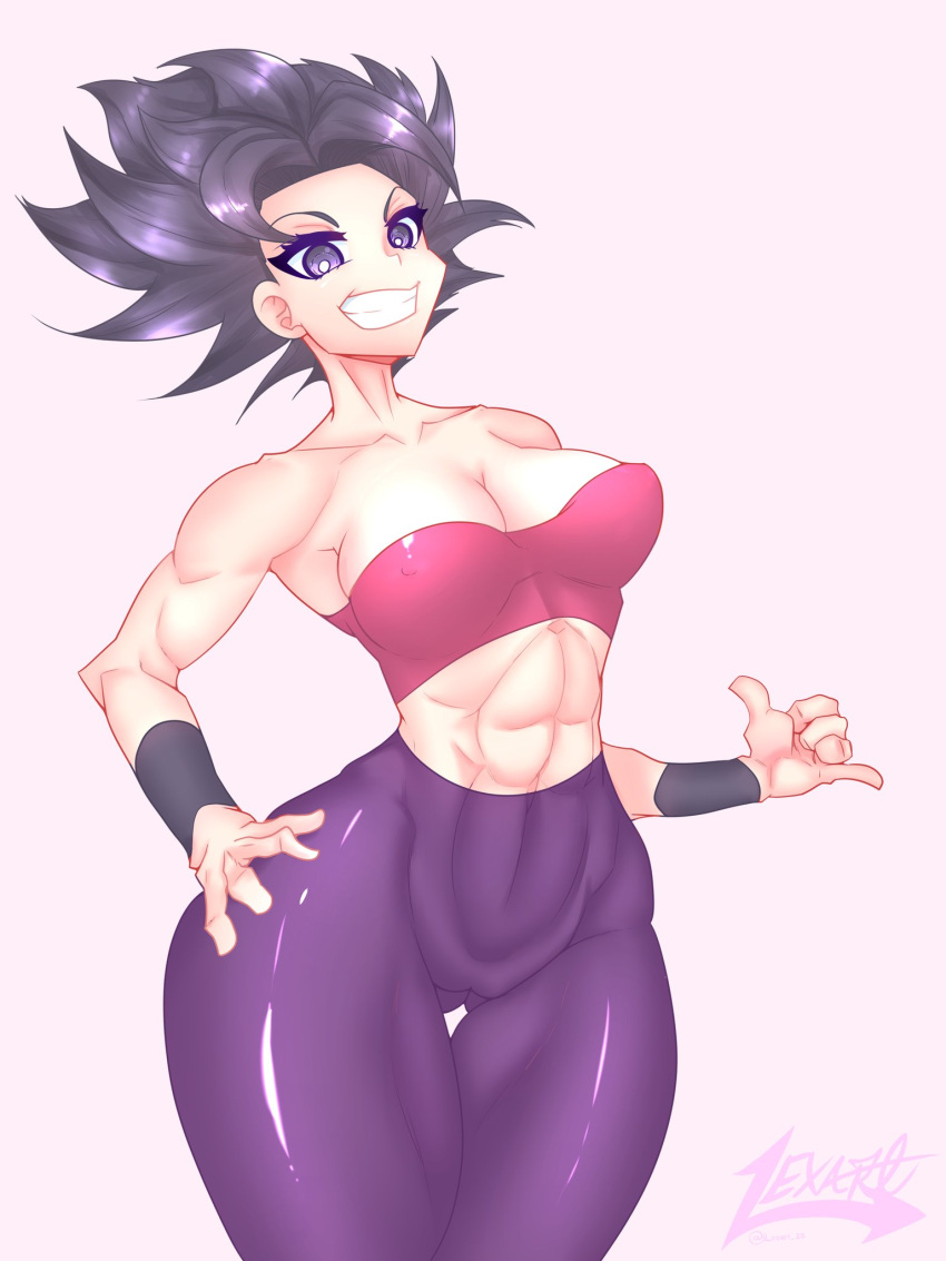 1girls 2020 armwear black_hair caulifla dragon_ball dragon_ball_super female female_only fit fit_female hand_on_hip hi_res lexart_thighzzzz looking_at_viewer nipple_bulge pants purple_eyes saiyan simple_background smiling smiling_at_viewer solo solo_female spiky_hair teeth_showing thick_thighs thigh_gap tight_clothing topwear wide_eyed wide_hips