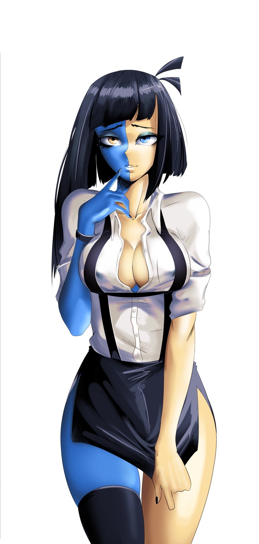 big_breasts black_nails black_thighhighs blue_body blue_eyes bracelet ena female female_focus female_only joel_g jopaosla makeup multicolored_body painted_nails partially_unbuttoned pencil_skirt skirt white_background yellow_body yellow_eyes