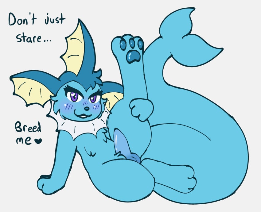 absurd_res anthro aquatic_mammal aroused_smile blue_pawpads eeveelution english_text genitals hand_on_leg hand_on_thigh hi_res inviting inviting_to_fuck inviting_to_sex jitterclaws looking_at_viewer male male_only male_vaporeon nintendo pawpads penis pokémon_(species) pokemon presenting presenting_penis solo solo_focus text vaporeon video_games