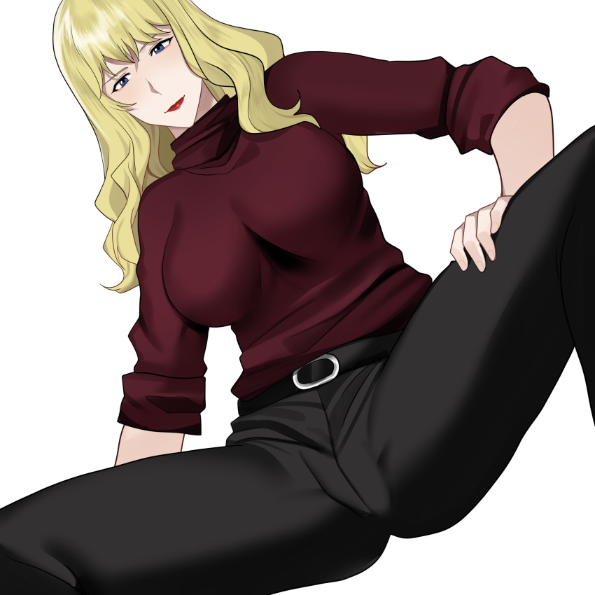 amber_jin bangs belt blonde_hair blue_eyes breasts cowboy_bebop curls curly_hair female julia_(cowboy_bebop) pussy pussy_outline squatting transparent_background turtleneck