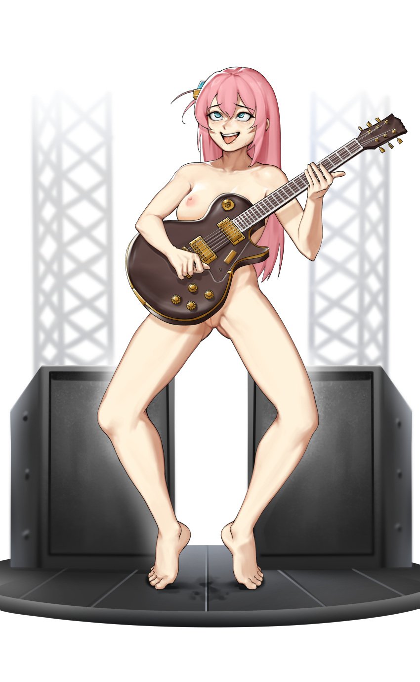 1girls bocchi_the_rock! breasts casual electric_guitar female female_only gotou_hitori guitar human les_paul light-skinned_female light_skin musical_instrument nude pale_skin pink_hair pussy solo stage younggu_(younggu999)