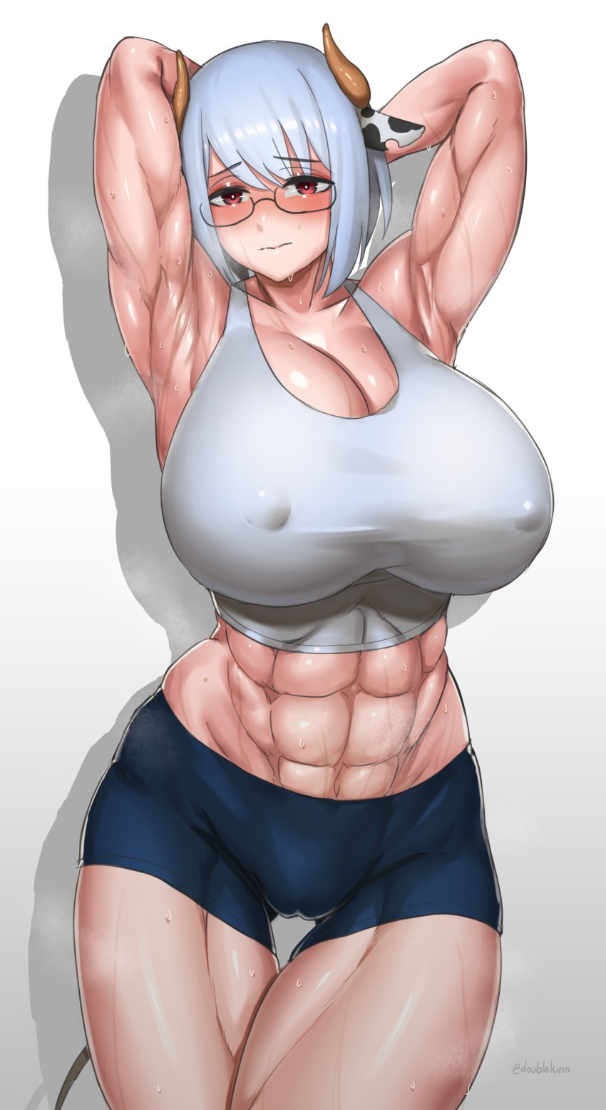 1girls abs animal_ears arm_up armpit armpit_fetish armpit_peek armpits arms_behind_head arms_up belly belly_button big_breasts big_female blush blushing breasts buff buff_female bull_horns busty cameltoe cow_ears cow_girl cow_horns cow_tail embarrassed female female_only fit fit_female glasses hands_behind_head horns huge_breasts kirinkirin large_breasts muscle muscles muscular muscular_arms muscular_female muscular_legs nerdy nipple_bulge nipples nipples_visible_through_clothing pink_eyes red_eyes ripped sexy_armpits shy silver_hair sports_bra sportswear sweat sweating sweaty thick thick_thighs thighs tight_clothing tight_fit toned toned_female tummy white_hair