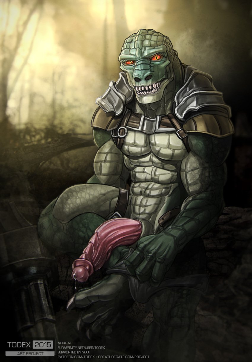 1boy 2015 abs animal_penis anthro armor artist_name bara belt bottomwear bottomwear_down brute_force brutus_(brute_force) clothing feral_(brute_force) forest genitals green_skin gun hi_res lizardman looking_at_viewer male male_anthro male_only masculine microsoft muscles muscular_male nostrils pecs penis plant precum ranged_weapon reptile scalie semi-erect shoulder_guards slit solo straps teeth todex tree video_games weapon xbox_game_studios