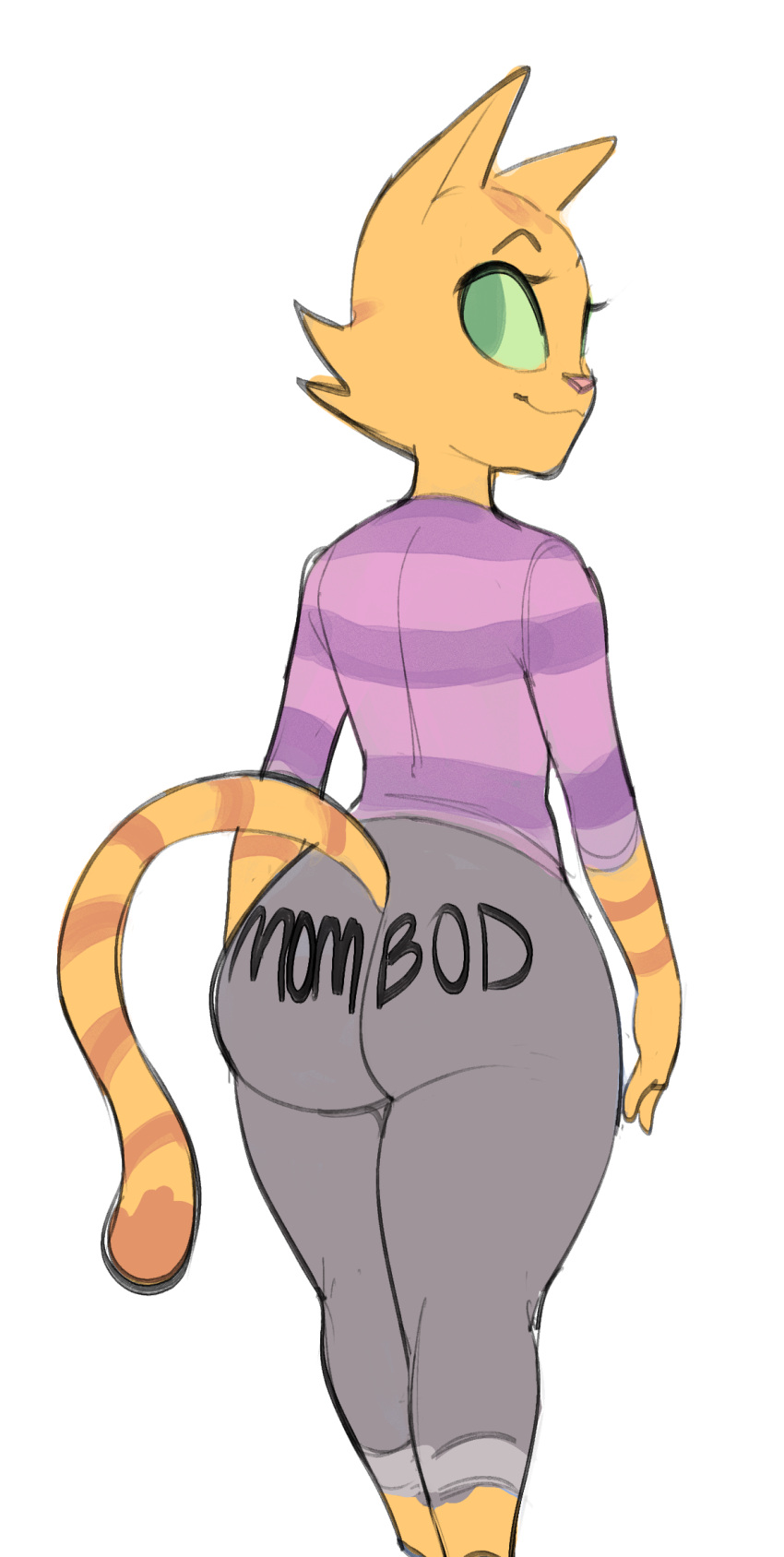 1girls 2022 anthro ass big_butt big_eyes big_iris black_eyebrows bottomwear cheek_tuft clothed clothing colored_sketch dat_ass dbaru digital_media_(artwork) domestic_cat dumptruck_ass english_text extended_arms eyebrows eyelashes facial_tuft felid feline felis female female_only fran_(litterbox_comics) fully_clothed fur green_eyes green_sclera grey_bottomwear grey_clothing grey_pants head_turned hi_res litterbox_comics looking_at_viewer looking_back mammal markings mature_anthro mature_female milf orange_body orange_fur pants pattern_clothing pattern_shirt pattern_topwear pink_nose prick_ears purple_clothing purple_shirt purple_topwear shirt simple_background smile smiling_at_viewer solo striped_body striped_clothing striped_fur striped_markings striped_shirt striped_tail striped_topwear stripes tail_markings text text_on_bottomwear text_on_clothing text_on_pants thick_thighs three-quarter_view topwear tuft walking webcomic white_background yoga_pants