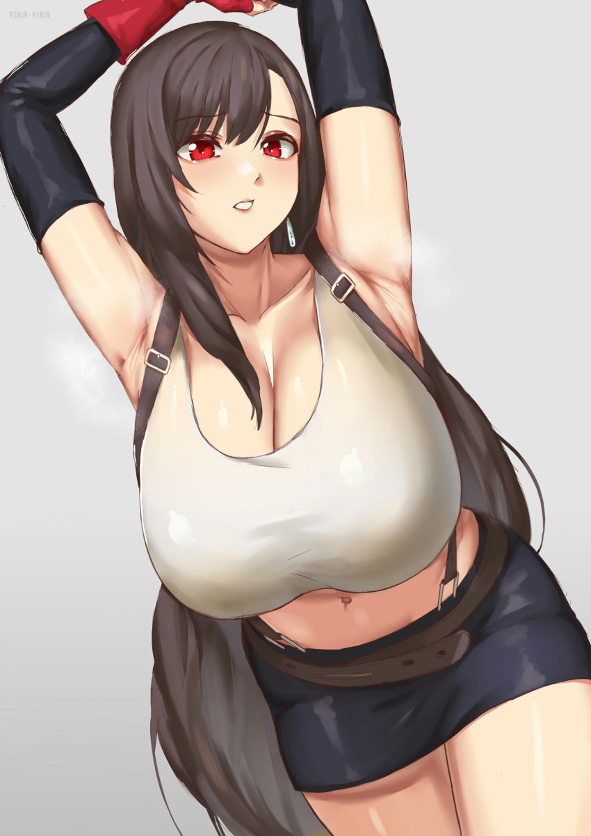 armpit armpit_crease armpits arms_up armwear belly belly_button belt big_breasts breasts busty fat_thighs final_fantasy final_fantasy_vii final_fantasy_vii_remake huge_breasts kirinkirin large_breasts long_hair red_eyes skirt sports_bra sportswear steamy_armpits tagme thick thick_thighs thighs tifa_lockhart tummy