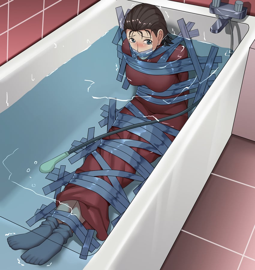 1girl adult_female arms_tied_behind_back asphyxiation bathtub bondage bound_ankles bound_legs brown_hair detective_conan drowning female female_focus gag gagged haimei1980 looking_at_viewer peril reika_yotsui shounen_sunday solo solo_female solo_focus tape tape_bondage tape_gag tears tms_entertainment