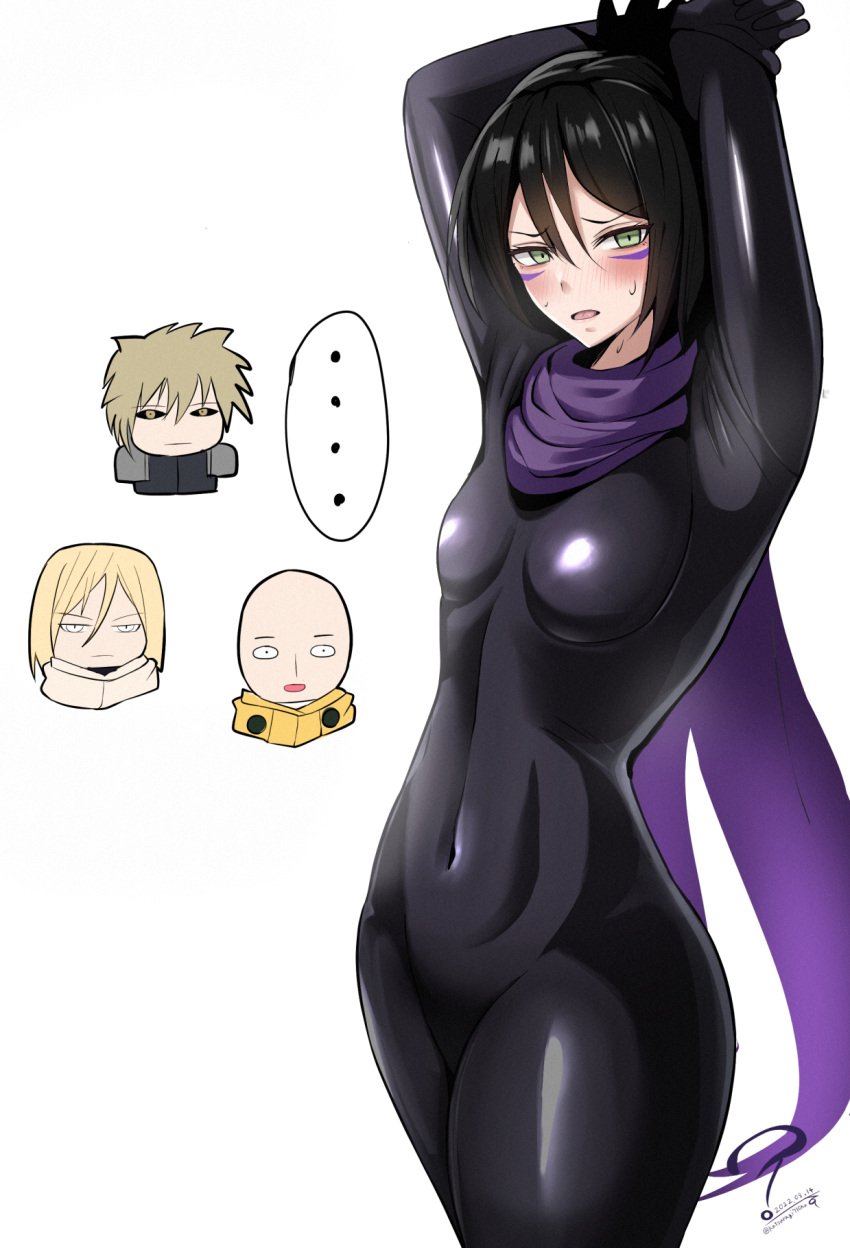 ambiguous_gender armpit armpits armpits_through_clothes arms_up belly belly_button black_clothing black_hair blush blushing breasts chibi dark_hair embarrassed face_markings flashy_flash genos green_eyes hips katsuragi710ka male male_only ninja one-punch_man rule_63 saitama shinobi shy skin_tight skin_tight_outfit small_breasts speed-o'-sound_sonic sweat text_bubble thick thick_thighs thighs tight_clothes tight_clothing tummy wide_hips