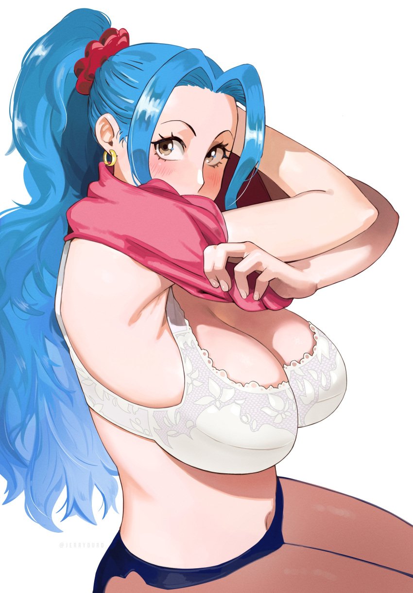 1girls blue_hair blush brown_eyes cleavage female female_only huge_breasts jerrydurd light-skinned_female light_skin nefertari_vivi one_piece ponytail royalty solo solo_female underwear undressing voluptuous