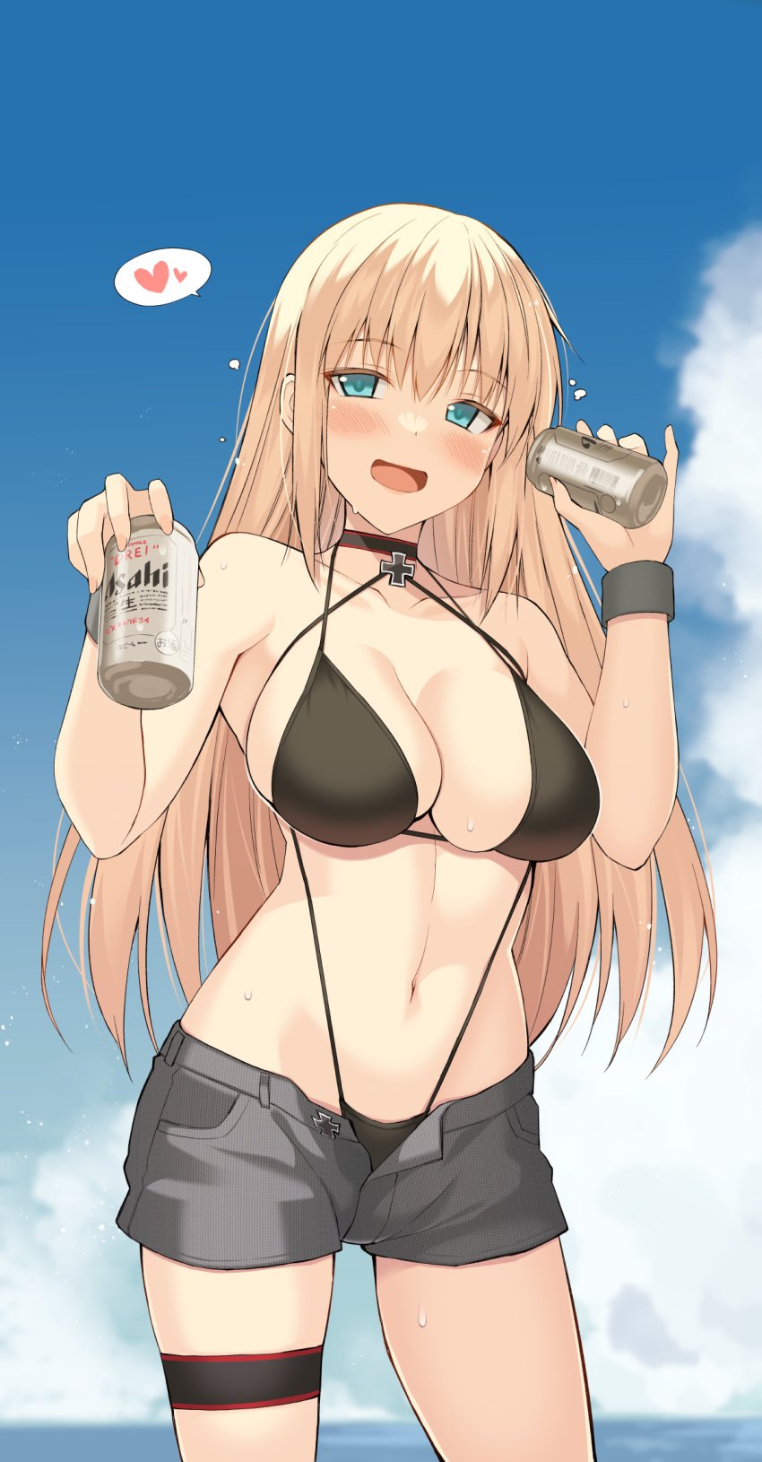 alternate_costume bangs bare_shoulders beach beer_can bikini bikini_under_clothes bismarck_(kantai_collection) black_bikini blonde_female blonde_hair blue_eyes blue_sky blush breasts can choker cloud cross day denim denim_shorts female hat heart highleg highleg_bikini highres holding holding_can horizon iron_cross kantai_collection large_breasts long_hair looking_at_viewer navel ohta_yuichi open_fly open_mouth outdoors shorts sky smile solo standing string_bikini swimsuit swimsuit_under_clothes thigh_strap wholesome