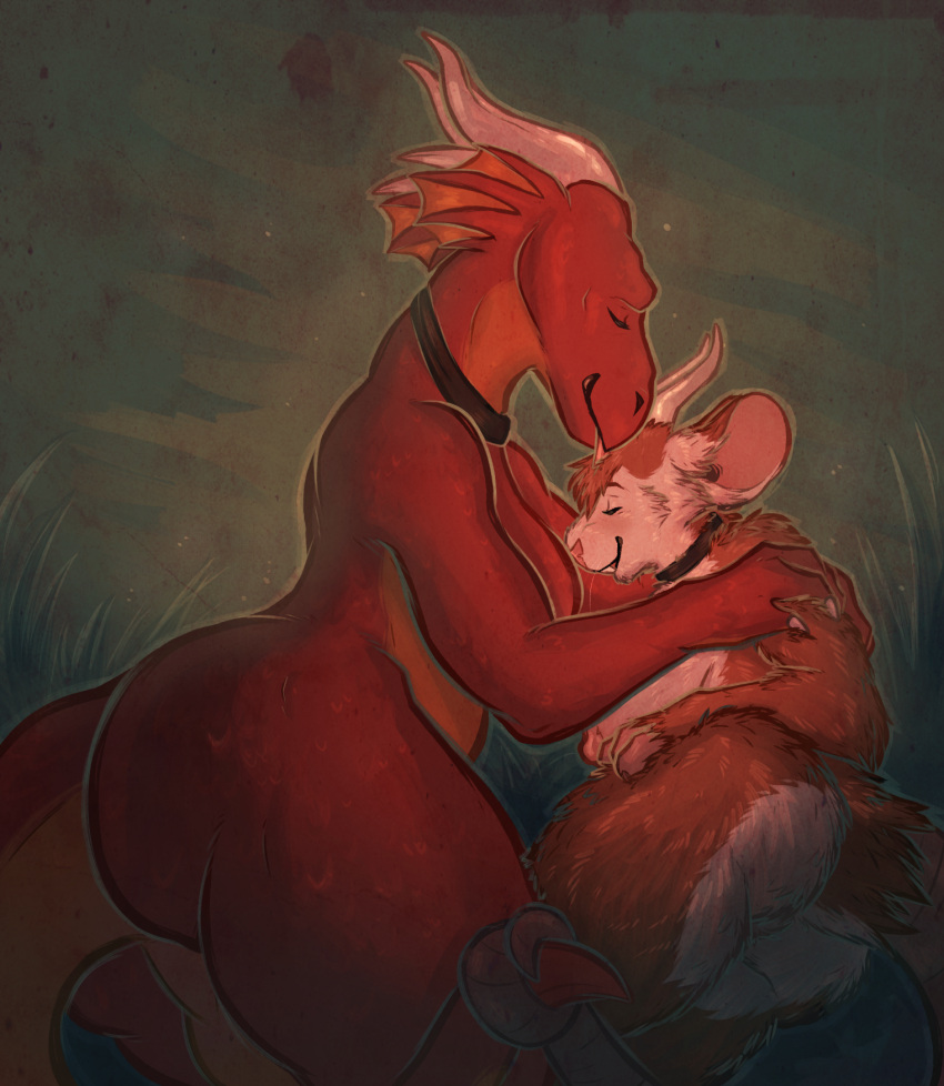 anthro blush breasts brown_body brown_fur buckteeth collar collar_only cuddling digital_media_(artwork) dragon duo female fur grass hi_res holding_another horn intersex intersex/female intimate licking_head looking_happy lying mammal mouse murid murine nipples nude on_side one_eye_closed plant red_body red_scales rodent scales simple_background smile tail_hold tailtufts teeth whiskers white_body white_fur