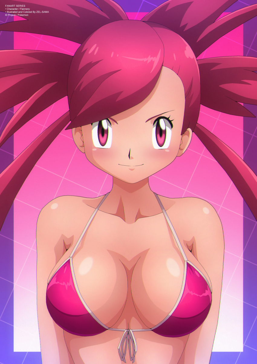 absurd_res alluring big_breasts bikini blush breasts cleavage collarbone creatures_(company) female flannery_(pokemon) game_freak grid grid_background high_res long_hair looking_at_viewer neon_grid nintendo pink_background pink_bikini pokemon pokemon_(game) pokemon_rse ponytail red_eyes red_hair smile standing swimsuit upper_body zel-sama