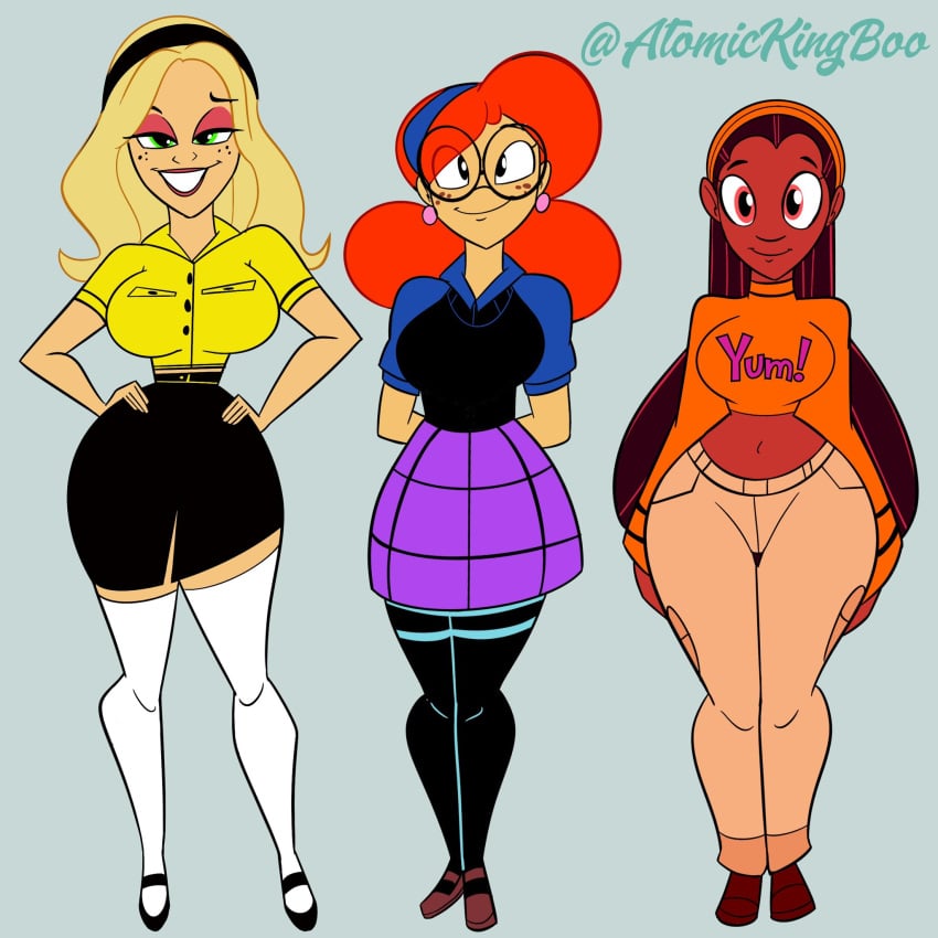 3girls artist_name atomickingboo background big_breasts blonde_female blonde_hair breasts busty clothing dark-skinned_female dark_skin earrings eyelashes female female_focus female_only freckles galactabee ginger ginger_hair glasses hair_bun hips hourglass_figure large_breasts legs lips long_hair nerd original original_character original_characters red_hair sarah_mcneil shaylynn_summer terra_mandrile thick_thighs thighs voluptuous watermark wide_hips