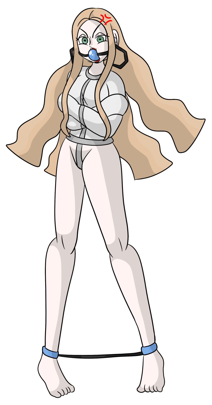 ankle_cuffs ball_gag blonde_female blonde_hair blue_ball_gag bondage breasts gag gagged green_eyes long_hair medium_breasts nintendo oleana_(pokemon) pokemon pokemon_ss protoy spreader_bar standing straitjacket transparent_background