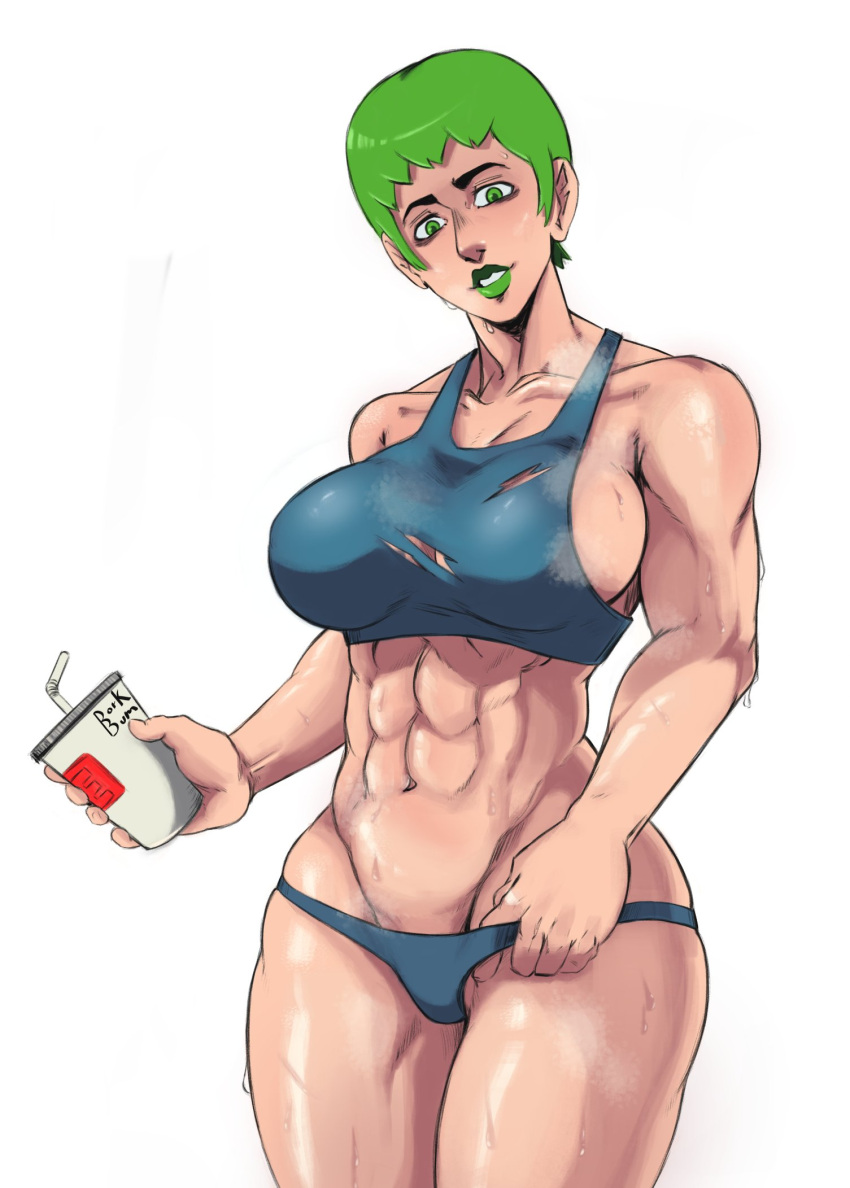 1girls 2021 abs alternate_version_available biceps big_breasts blue_thong breasts busty curvy dorkbum eye_contact female female_focus female_only foo_fighters green_eyes green_hair green_lips green_lipstick holding_container holding_object jojo's_bizarre_adventure large_breasts light-skinned_female light_skin lipstick looking_at_viewer muscular muscular_female pov_eye_contact ripped_clothing short_hair simple_background solo solo_female solo_focus sports_bra steam steaming steaming_body steamy stone_ocean sweat sweatdrop sweatdrops sweating sweating_profusely sweaty thick_thighs thighs thong toned toned_female torn_clothes torn_clothing torn_topwear voluptuous white_background workout_clothes