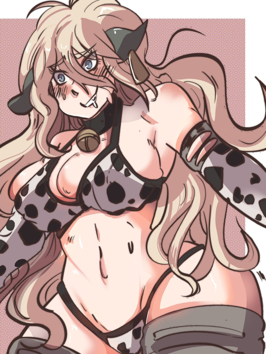 bikini bikini_bottom bikini_top blush breasts cow_bell cow_bikini cow_ears cow_girl cow_print danganronpa danganronpa_v3 female_only iruma_miu junkausta large_breasts straight_hair thighhighs thighs