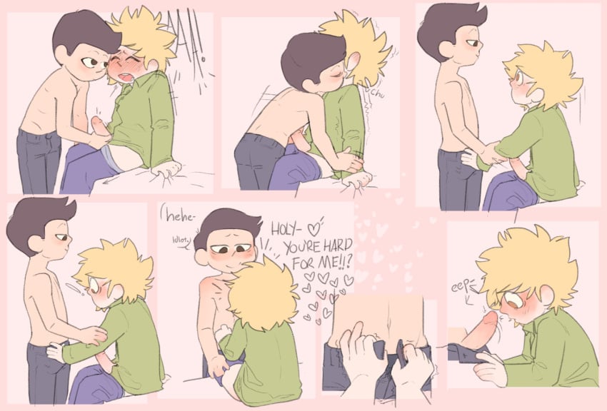 black_hair blonde_hair blue_pants blush craig_tucker craig_x_tweek flustered gay happy heart kissing_neck looking_at_each_other looking_at_partner male open_mouth pants slimyliz_(artist) south_park text tweek_tweak tweek_x_craig undressing undressing_partner yaoi yellow_hair