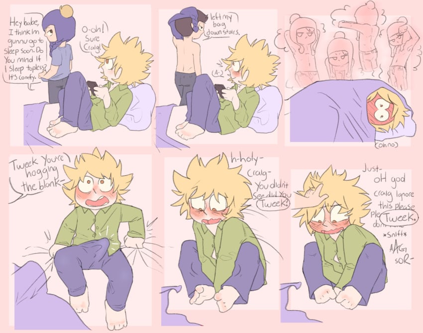 2boys blue_hat blush bulge bulge_in_pants color colored craig_tucker craig_x_tweek fluffy_hair flushed flustered green_shirt hat male/male open_mouth scared slimyliz_(artist) south_park text tweek_tweak tweek_x_craig yellow_hair