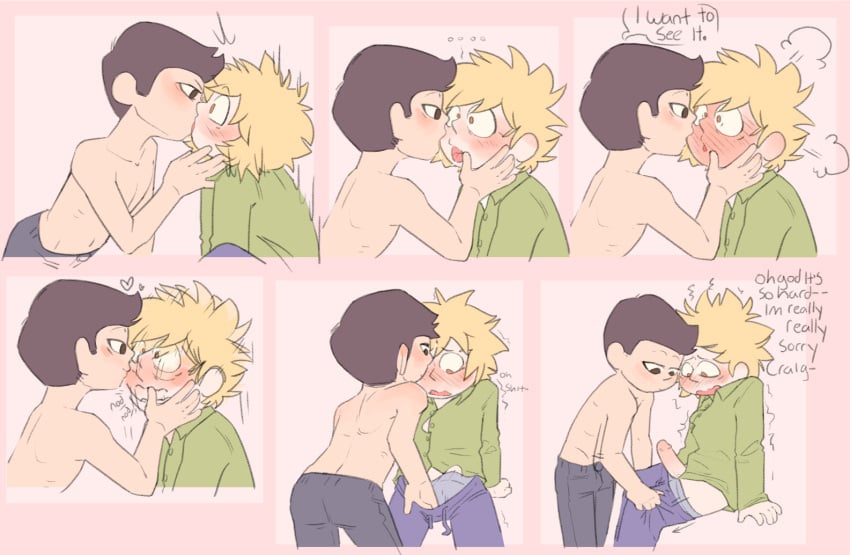 blush craig_tucker craig_x_tweek flustered gay green_shirt kissing looking_at_partner looking_at_penis lowering_pants male/male no_shirt nod nodding nodding_head pants_down penis penis_out red_face slimyliz_(artist) south_park text tweek_tweak tweek_x_craig yellow_hair