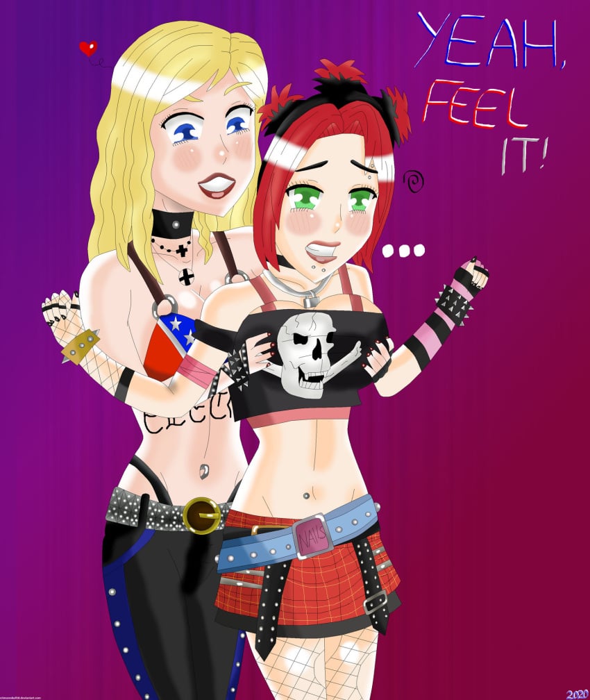 2girls belt black_crop_top black_pants blonde_female blonde_hair breasts casey_lynch choker confederate_flag confederate_flag_bikini crimsonskull18 crop_top female female_only fishnet_stockings fondling_breasts guitar_hero judy_nails lipstick long_hair midriff multiple_girls navel navel_piercing off_shoulder pants red_hair red_skirt short_hair skirt touching_breasts