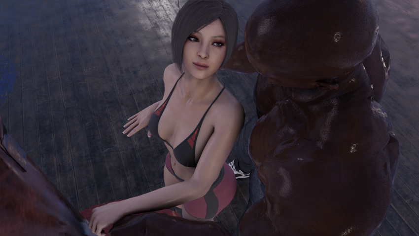 3d ada_wong big_breasts big_butt capcom dark-skinned_male gym interracial resident_evil resident_evil_2 resident_evil_2_remake romantic3dcoms sports_bra sports_outfit sweating sweaty_body yoga_shorts