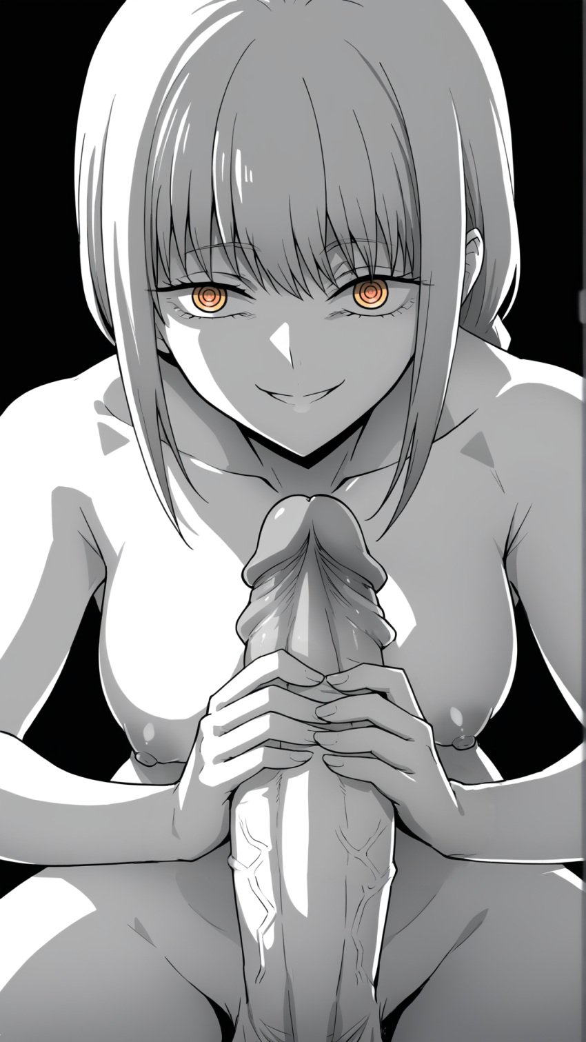 1futa ai_generated big_breasts big_penis black_background chainsaw_man futa_only futanari looking_at_viewer makima_(chainsaw_man) monochrome orange_eyes solo