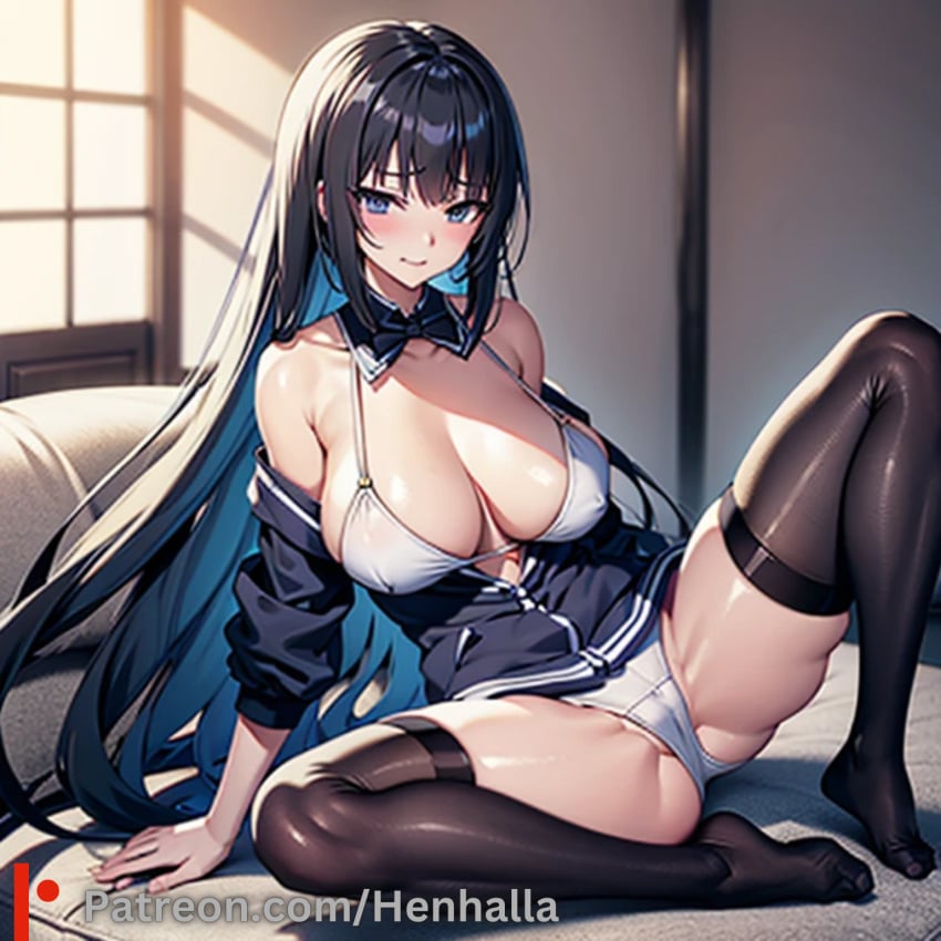 1girls ai_generated bedroom big_breasts blue_eyes breasts dress henhalla mai sakurajima_mai solo solo_female young younger_female