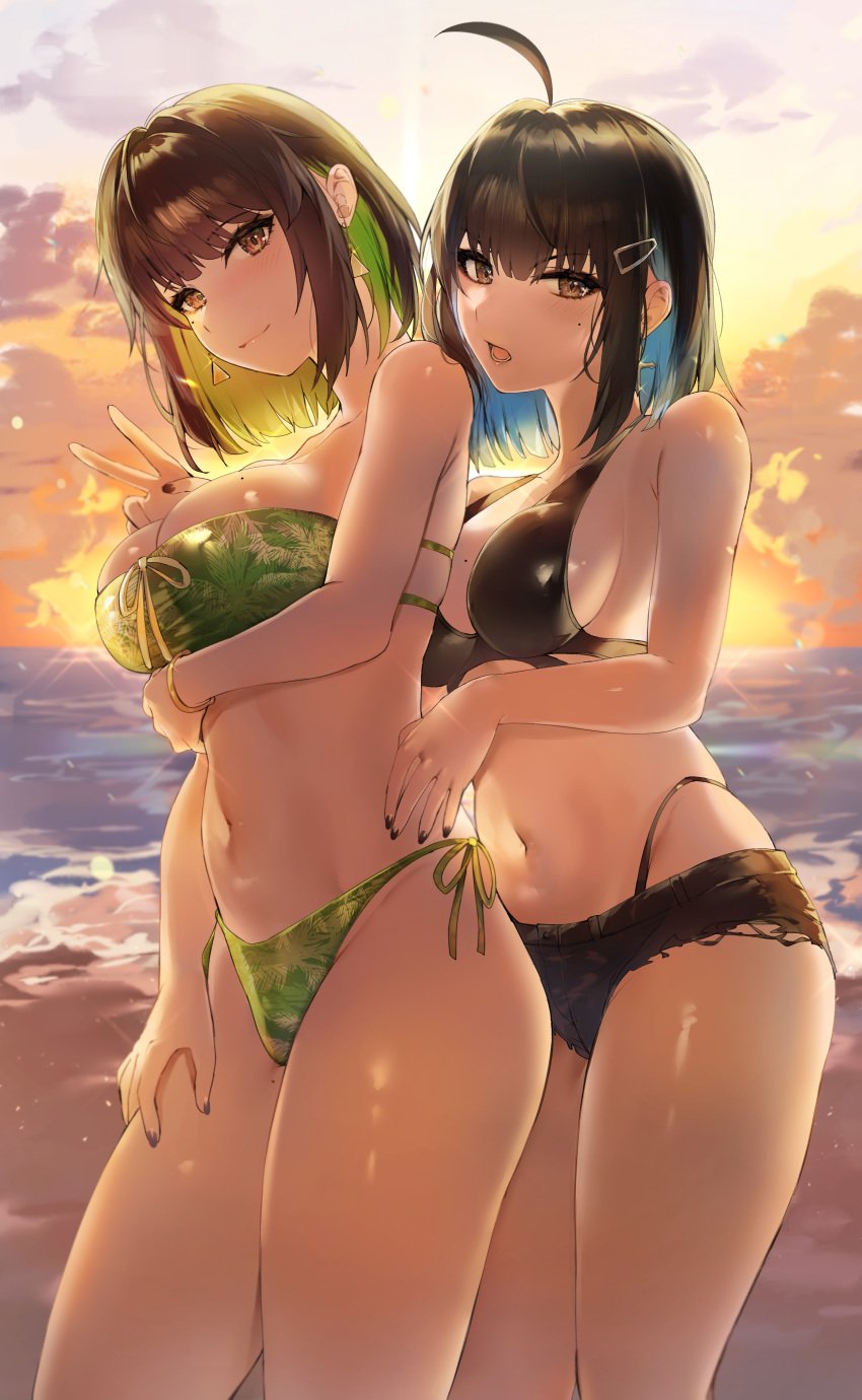 2girls absurd_res absurdres adult adult_female ahoge antenna_hair arm_under_breast arm_under_breasts bare_arms bare_belly bare_chest bare_hands bare_hips bare_legs bare_midriff bare_navel bare_shoulders bare_skin bare_thighs beach belly belly_button bewitching_thighs bikini bikini_bottom bikini_only bikini_top birthing_hips black_bikini black_bikini_bottom black_bikini_only black_bikini_top black_fingernails black_hair black_hair_female black_nail_polish black_nails black_swimsuit black_swimwear blue_hair blue_hair_female blurred_background blurry_background blush blush_face blush_lines blushed_face blushing_at_viewer blushing_face blushing_female breasts brown_eyebrows brown_eyes brown_eyes_female brown_hair brown_hair_female bust_cup busty busty_female busty_girl child_bearing_hips cleavage closed_mouth_smile clouds coast collarbone curvaceous curvaceous_body curvaceous_female curvaceous_figure curvaceous_hips curvaceous_thighs curvy curvy_body curvy_female curvy_figure curvy_hips curvy_thighs day daytime dot_nose earrings elbows exposed_arms exposed_belly exposed_chest exposed_hips exposed_legs exposed_midriff exposed_navel exposed_shoulders exposed_skin exposed_thighs fair_skin female female_focus female_naked female_only fertile_hips fingernails fingers front-tie_bikini front-tie_bikini_top frown frown_eyebrows frowning frowning_at_viewer green_bikini green_bikini_bottom green_bikini_top green_hair green_hair_female green_string_bikini green_swimsuit green_swimwear groin hair_between_eyes hair_clip hair_clips hairclip hairclips half_naked half_nude hand_on_another's_hip hand_on_another's_waist hand_on_hip hand_on_leg hand_on_own_leg hand_on_own_thigh hand_on_thigh hand_on_waist hand_sign head_tilt high_resolution highres horizon hourglass_figure irene_(kanniiepan) kanniiepan large_breasts lean_body lean_figure legs legs_closed legs_together light-skined_female light-skinned light-skinned_female light_skin light_skin_female light_skinned light_skinned_female lips long_hair looking_at_viewer looking_down looking_down_at_viewer mature mature_female medium_hair midriff miru_(kaniiepan) mole mole_on_breast mole_under_eye multicolored_hair multiple_females multiple_girls nail_polish nails naked naked_female naked_woman narrow_waist navel nude nude_female nudity ocean open_mouth original original_art original_artwork original_character original_characters outdoor outdoor_nudity outdoors outside parted_lips partially_naked peace_sign purple_fingernails purple_nail_polish purple_nails sand sea seaside seductive_body seductive_cleavage seductive_hips seductive_thighs semi_nude shiny_breasts shiny_hair shiny_legs shiny_shoulders shiny_skin shiny_thighs shoulders side-tie_bikini sideboob sign sky slender_body slender_waist slim_girl slim_waist smile smiley_face smiling_at_viewer smirk smooth_skin standing string_bikini swimsuit swimwear thick_thighs thighs thin_waist tilted_head tongue upper_body v v-line v_sign wide_hips