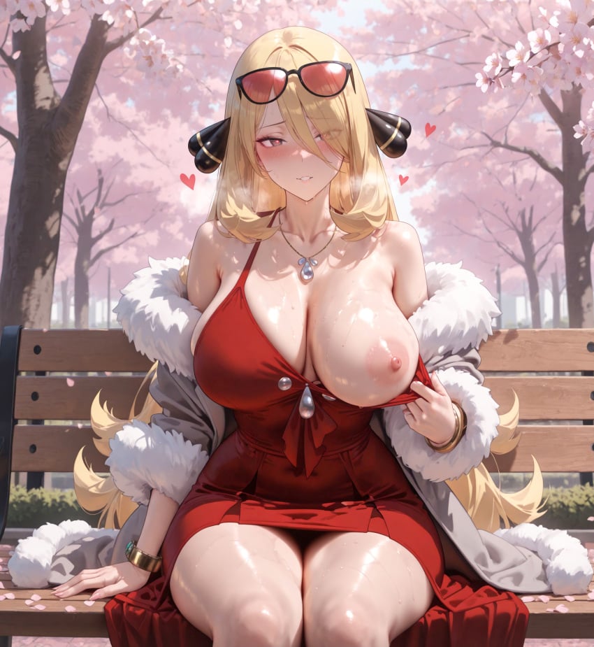 1girls ai_generated alex-schura alex_schura areolae bangs bare_shoulders bench blonde_hair blush bracelet breasts clavicle cleavage closed_mouth clothes_pull clothing coat curvaceous curvaceous_female curvaceous_figure curvy curvy_female curvy_figure cynthia_(pokemon) day dress dress_pull earrings exhibitionism exposed_breasts eyes_visible_through_hair eyewear eyewear_on_head female female female_focus female_only fur-trimmed_coat fur-trimmed_jacket fur_coat fur_collar fur_trim grey_eyes hair_ornament hair_over_one_eye heart heart-shaped_pupils huge_breasts inviting inviting_to_sex jacket jewelry large_breasts long_hair looking_at_viewer necklace nipples no_bra off_shoulder open_clothes open_coat open_jacket outdoors park_bench parted_lips pendant petals pokemon pokemon_(game) pokemon_character pokemon_diamond_pearl_&_platinum pokemon_dppt presenting presenting_breasts public_indecency public_nudity pulled_by_self red_dress seductive seductive_look seductive_smile shirt sitting smile solo sunglasses sweat symbol-shaped_pupils thick_thighs thighs tree very_long_hair voluptuous voluptuous_female white_coat