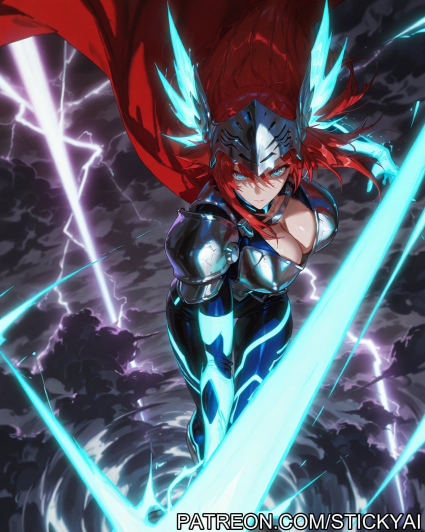 1girls action_pose ai_generated blue_eyes breasts cloud cosplay fit high_school_dxd light-skinned_female lightning nsfw red_hair rias_gremory stickyai storm superheroine thor_(marvel)