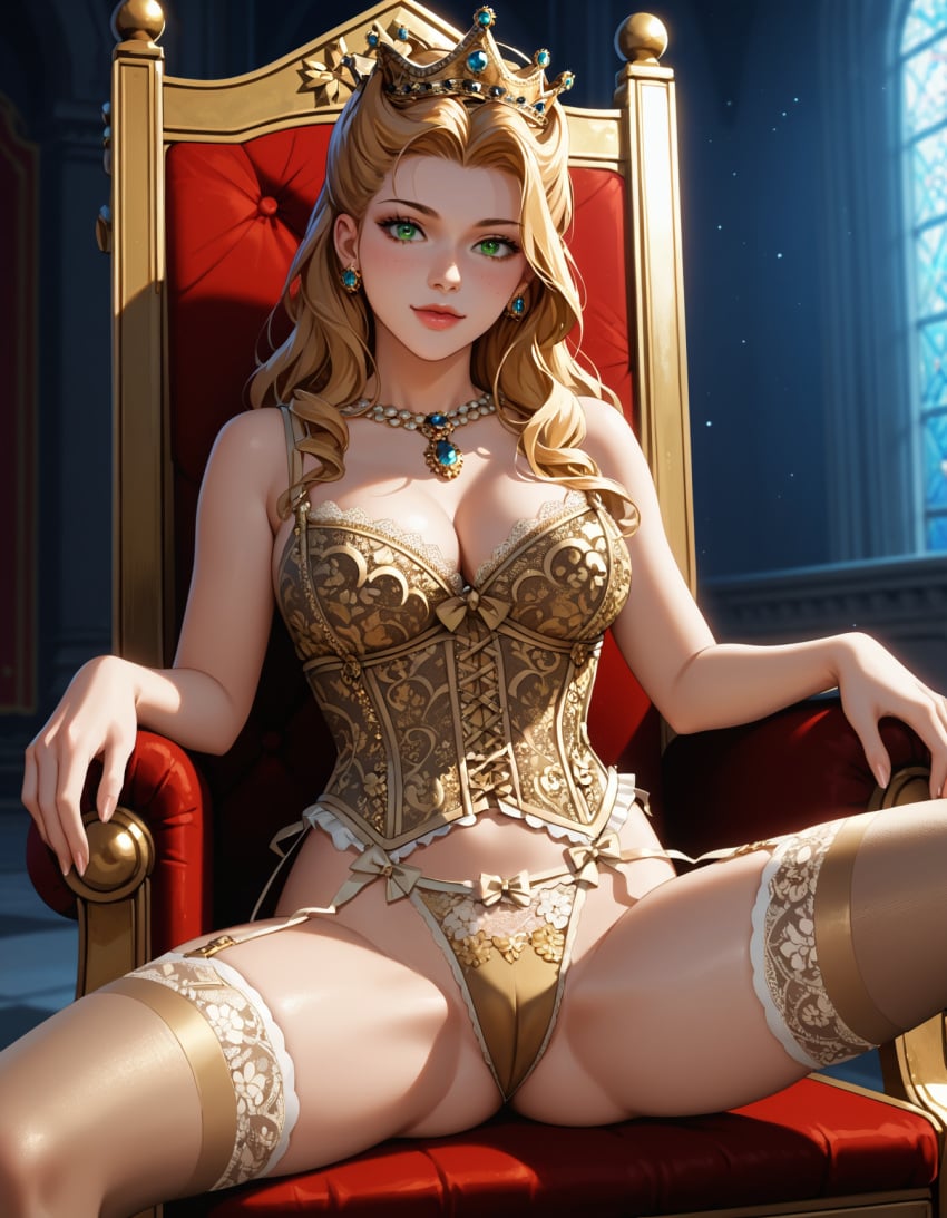 ai_generated anna_henrietta ass blonde_hair breasts cameltoe corset crown female garter_belt garter_straps light-skinned_female lingerie looking_at_viewer panties solo spread_legs stockings the_witcher_(series) the_witcher_3:_wild_hunt theharemking throne