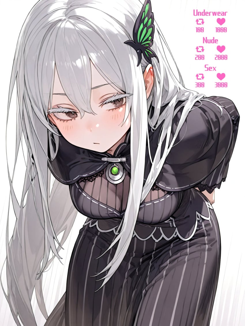 ai_generated april68th bending_over bent_over black_clothing black_dress blush dress echidna_(re:zero) girly leaning_forward long_hair looking_away purple_eyes re:zero_kara_hajimeru_isekai_seikatsu skirt tight_fit white_hair white_skin witch