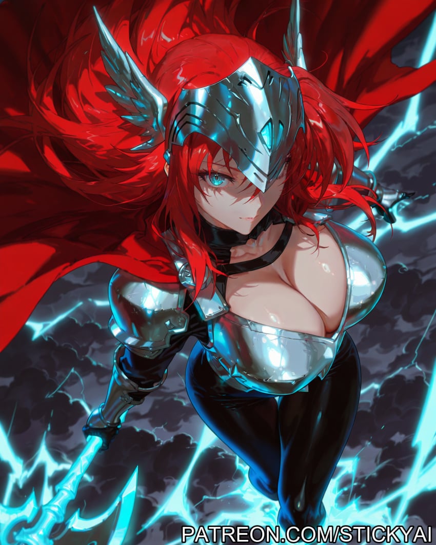 1girls action_pose ai_generated blue_eyes breasts cloud cosplay fit high_school_dxd light-skinned_female lightning nsfw red_hair rias_gremory stickyai storm superheroine thor_(marvel)