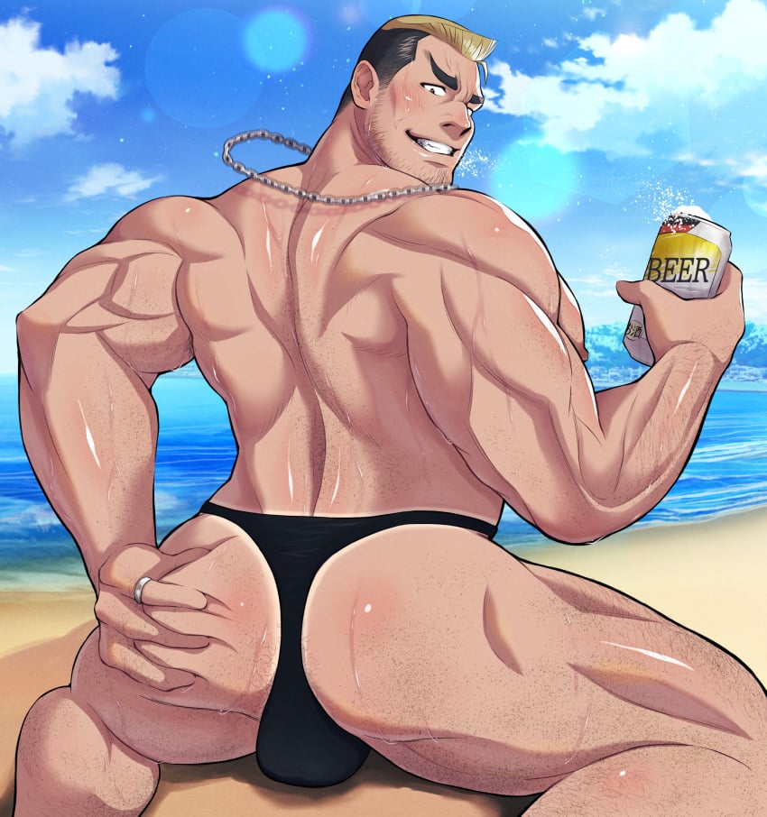 1boy arm_hair ass ass_bigger_than_head ass_focus ass_grab ass_hair back_muscles back_view bara beach beard_stubble beefy beer beer_can biceps big_ass big_nose black_eyes black_hair blonde_hair blush bulge bulge_through_clothing canned_drink daddy dilf dyed_hair frown gay grabbing grabbing_ass grabbing_own_ass grin hi_res holding_beer holding_object hunk jewelry kneeling kneeling_on_ground leg_hair looking_at_viewer looking_back male male_only manly married mature_male morning muchiyukichan multicolored_hair muscles muscular muscular_arms muscular_ass muscular_back muscular_legs muscular_male muscular_thighs necklace original original_character outdoors plump_ass ring sand sand_on_ass sand_on_skin sanpaku seaside seductive sideburns small_pupils soft_ass spread_legs sunlight swim_briefs swimsuit tan_body tanline thick_arms thick_ass thick_eyebrows thick_neck thick_thighs topless tough_guy underwear_only v-shaped_eyebrows veiny_face wave wet wet_body yaoi