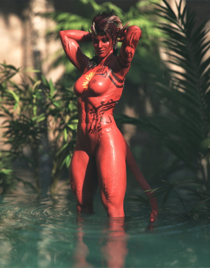 1girls 3d baldur's_gate baldur's_gate_3 breasts dungeons_and_dragons hi_res highres horns karlach medium_breasts naked naked_female nude nude_female pointy_ears red_nipples red_skin solo solo_female tail tattoo tattooed_arm tiefling water wet wet_body xrizo