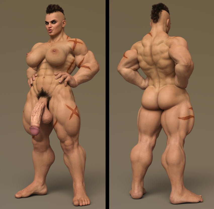 3d 3d_model ass back_view balls capcom front_view futa_only futanari genderswap_(mtf) muscular muscular_futanari penis scar short_hair solo squarepeg3d street_fighter zangief