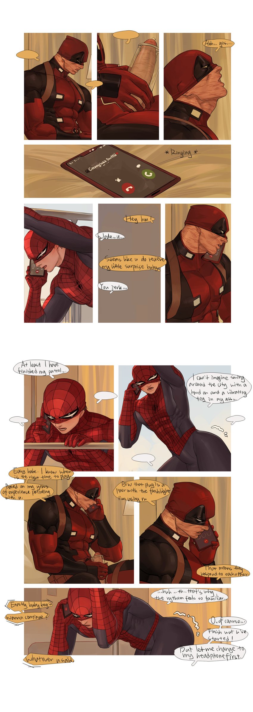 ass ass_focus deadpool flirting gay lkikai male male/male male_only marvel marvel_comics masturbating peter_parker phone_call phone_sex scars scars_all_over spider-man wade_wilson