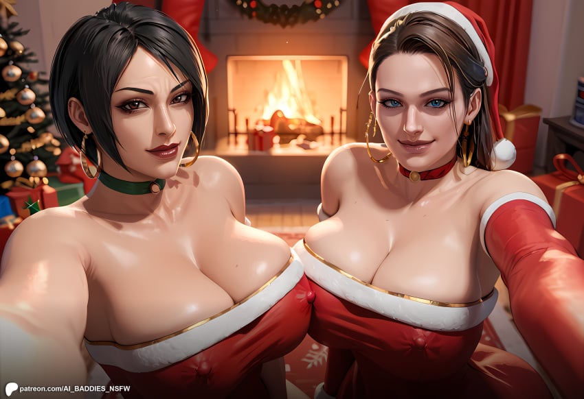 ada_wong ai_assisted ai_baddies ai_generated asian asian_female black_hair blue_eyes brown_eyes brown_hair caucasian caucasian_female christmas christmas_outfit close-up cowboy_shot dark_hair festive gift holidays inside jill_valentine large_breasts light-skinned_female light_skin looking_at_viewer party patreon patreon_link patreon_logo patreon_url patreon_username red_dress resident_evil resident_evil_2 resident_evil_3 santa_costume santa_hat selfie smirk