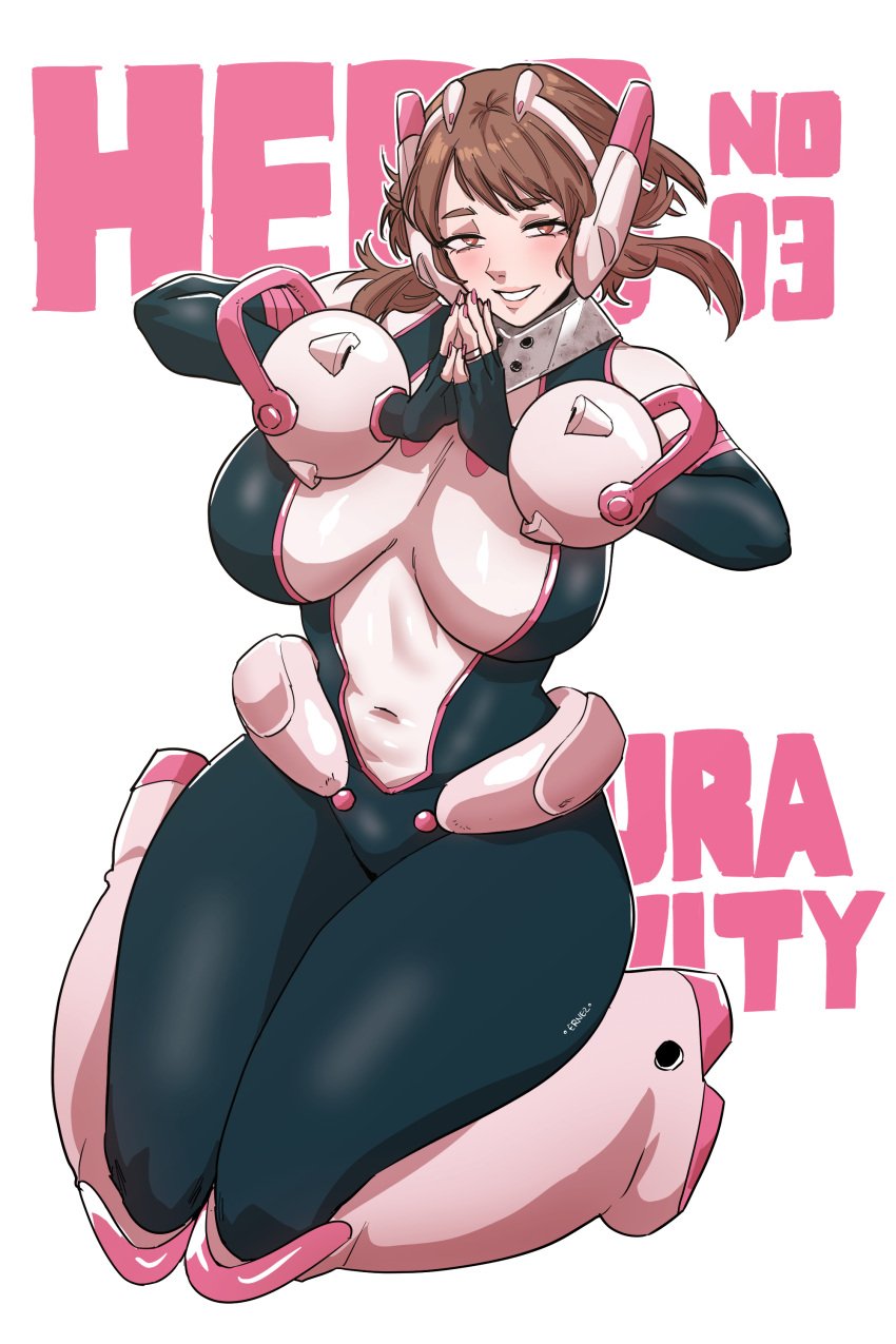 1girls adult aged_up blush boots brown_hair ernez ernez_996 floating front_view hands_together headgear hourglass_figure jerukperas large_breasts looking_at_viewer milf my_hero_academia navel_visible_through_clothes ochako_uraraka post-timeskip short_hair smile solo spandex thick_thighs tight_clothing wide_hips