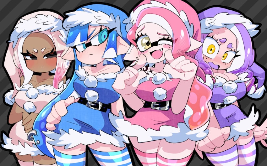 4girls big_breasts black_eyes blue_eyes blue_hair blush breasts christmas cleavage colored_tongue curly_hair dress hand_on_own_hip hat highres inkling inkling_girl large_breasts long_hair looking_at_viewer mole mole_under_eye multiple_girls nintendo octoling octoling_girl one_eye_closed open_mouth pink_hair pink_tongue pointy_ears purple_hair purple_tongue riki0731 santa_costume santa_dress santa_hat short_hair shoulder_tattoo splatoon striped_clothes striped_thighhighs sweat tattoo tentacle_hair thighhighs tongue white_hair wink winking_at_viewer yellow_eyes