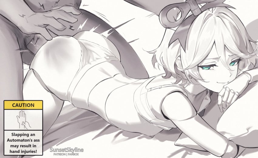 bed bra bra_pull breasts cecilia_immergreen clothes_pull doll_joints electrocution erection green_eyes highres holojustice hololive hololive_english joints lying monochrome nipples nude penis sex small_breasts smug sunset_skyline underwear unseen_male_face vaginal_penetration virtual_youtuber winding_key