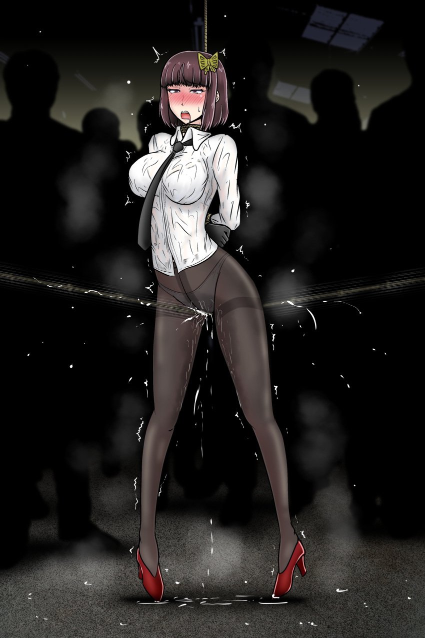 1girls akiko_yosano arms_behind_back black_gloves black_necktie blunt_bangs blush bob_cut bondage bound bound_arms breasts brown_hair bungo_stray_dogs butterfly_hair_ornament crotch_rope crotch_seam drooling female female_focus full_body gloves hair_ornament high_heels kidnapped large_breasts mouth_drool no_pants open_mouth orgasm orgasm_face panties panties_under_pantyhose pantyhose puddle purple_eyes pussy_juice pussy_juice_drip pussy_juice_puddle red_footwear red_shoes restrained rope rope_around_neck short_hair solo_focus stimulation suspension sweat tasuro_kuzuha torture trembling underwear vaginal_stimulation wet wet_clothes wet_pussy white_shirt