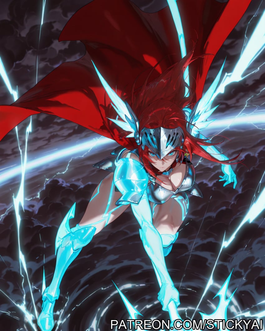 1girls action_pose ai_generated blue_eyes breasts cloud cosplay fit high_school_dxd light-skinned_female lightning nsfw red_hair rias_gremory stickyai storm superheroine thor_(marvel)