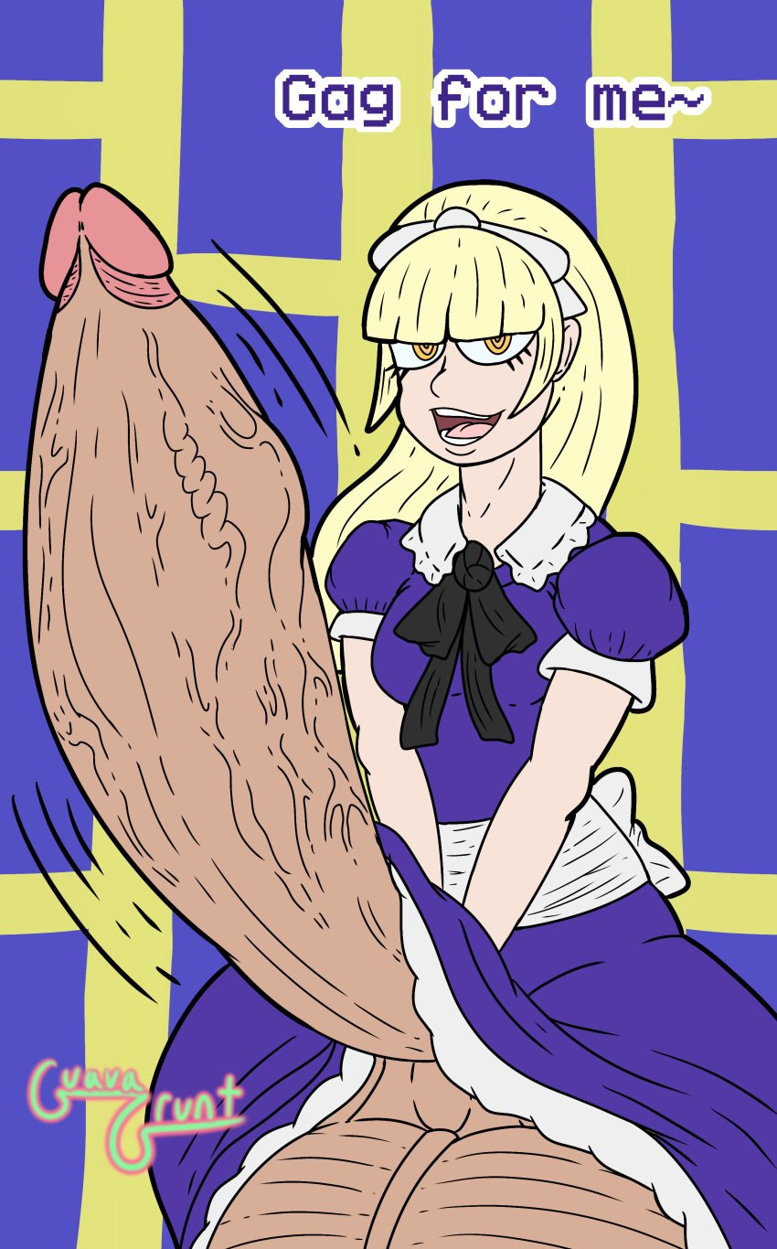 1futa 2d alice_(megami_tensei) big_balls big_penis blonde_hair clothed clothed_futanari dialogue dress dress_lift english_text erection futa_only futanari guavagrunt huge_balls huge_cock looking_at_viewer megami_tensei persona pitching purple_dress ribbon scrotum shin_megami_tensei simple_background small_breasts smile solo_futa speech_bubbles text thick_penis throbbing_penis veiny_penis yellow_eyes