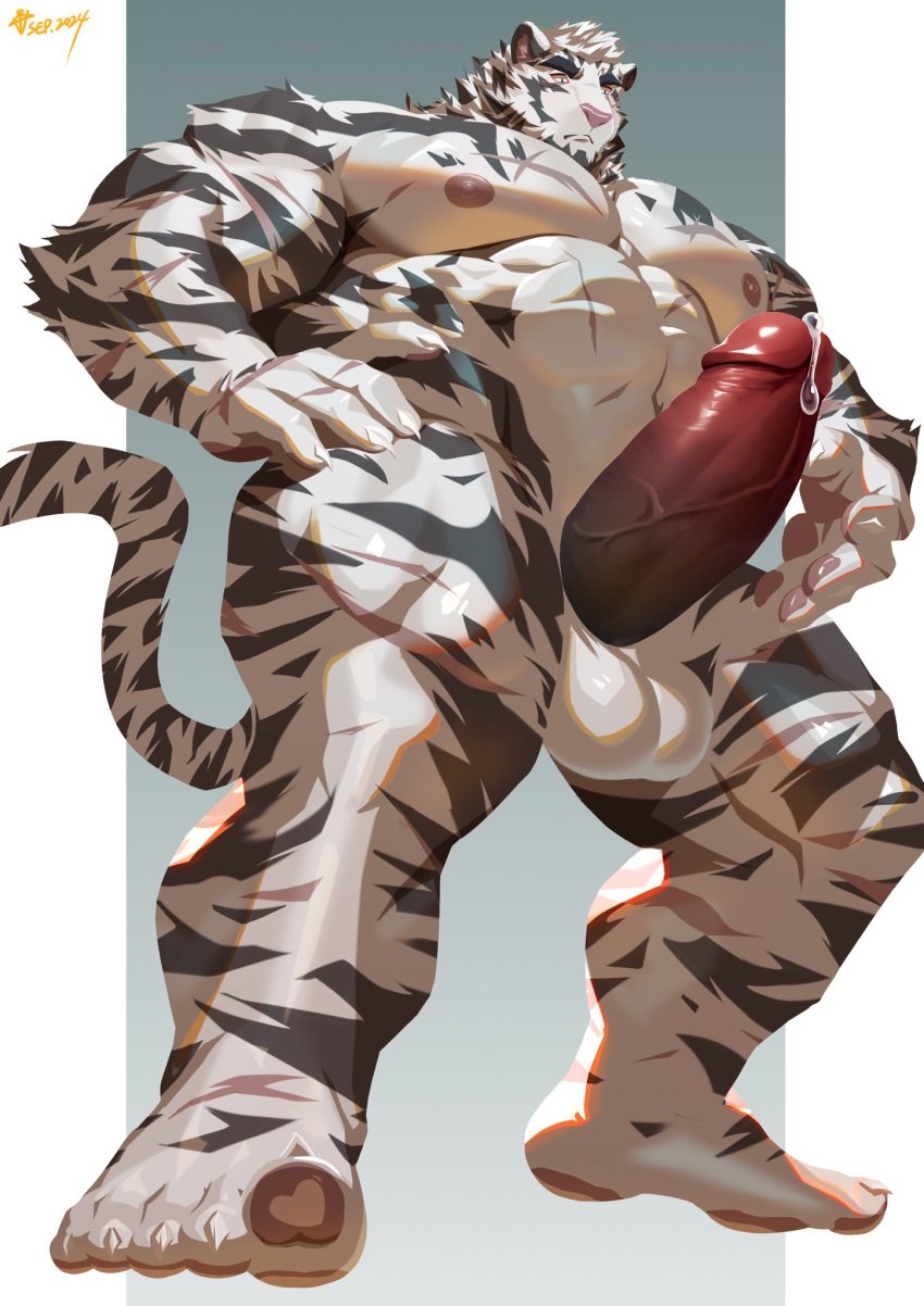 1boy abs animal_ears arknights bara barefoot blue_eyes claws closed_mouth completely_nude cross_scar dated english_commentary erection from_below furry furry_male hand_on_own_hip highres looking_down male_focus mountain_(arknights) multiple_scars muscular muscular_male nipples nude pawpads pectorals penis precum scar scar_across_eye scar_on_arm scar_on_cheek scar_on_chest scar_on_face scar_on_leg scar_on_stomach signature tail testicles tiger_boy tiger_ears tiger_stripes tiger_tail vittooo_ooo