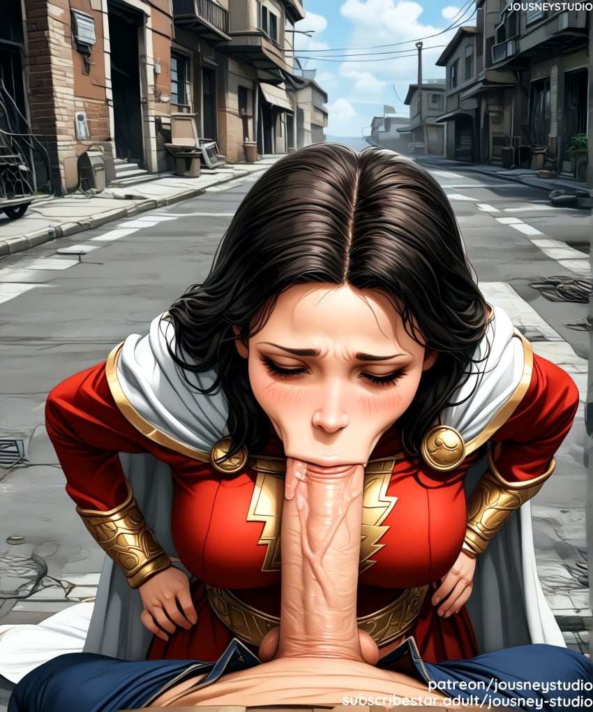 1boy :>= ai_generated alley armor black_hair blush breasts cape closed_eyes clothing cracked_wall day dc dc_comics erection eyelashes fellatio female hands_on_hips jousneystudio justice_league large_breasts large_penis lips long_hair male marvel marvel_comics mary_marvel oral outdoors penis road shazam sky solo_focus straight street superhero veins veiny_penis