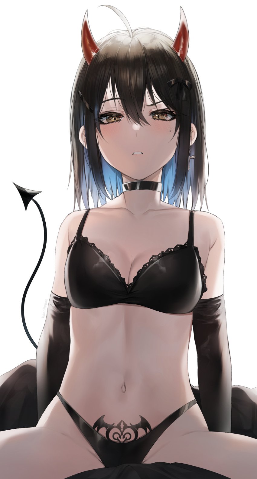 1girls ahoge antenna_hair arm_gloves bare_belly bare_chest bare_hips bare_legs bare_midriff bare_navel bare_shoulders bare_skin bare_thighs belly belly_button black_arm_gloves black_bra black_choker black_elbow_gloves black_gloves black_hair black_hair_female black_panties black_tail black_underwear blue_hair blue_hair_female bra breasts brown_eyes brown_eyes_female choker cleavage collarbone demon_horn demon_horns demon_tail dot_nose earrings elbow_gloves female female_only frown frown_eyebrows frowning frowning_at_viewer gloves groin hair_between_eyes high_resolution highres horn horns irene_(kanniiepan) kanniiepan lean_body lean_figure legs legs_apart legs_spread light-skined_female light-skinned light-skinned_female light_skin light_skin_female light_skinned light_skinned_female long_hair looking_at_viewer looking_down looking_down_at_viewer medium_hair midriff mole mole_under_eye multicolored_hair narrow_waist navel nudity original original_art original_artwork original_character pale pale-skinned_female pale_skin pale_skinned_female panties petite petite_body petite_breasts petite_female petite_girl pubic_tattoo red_horn red_horns shoulders simple_background sitting skinny skinny_waist slender_body slender_waist slim_girl slim_waist small_breasts smooth_skin solo spread_legs tail thighs thin_waist underwear underwear_only upper_body v-line white_background