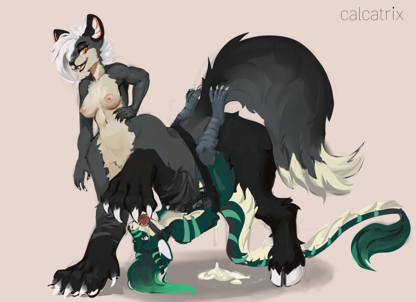 anthro arms_tied belly_riding bodily_fluids bound calcatrix canid canine cum cum_leaking_out duo genital_fluids hi_res hooves hybrid intersex intersex/male leaking_cum male mammal paws taur